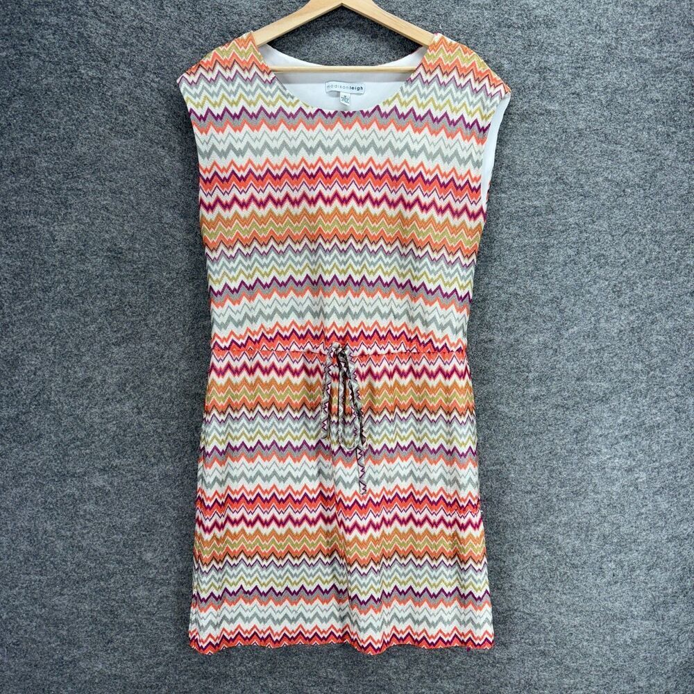 Madison Leigh Dress Women 12 White Striped Sheath Short Sleeveless Lined Casual